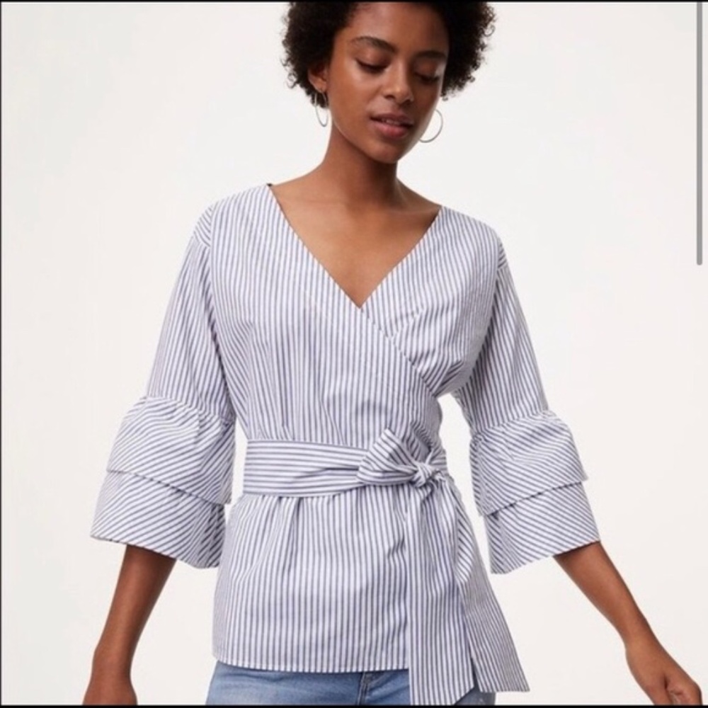 LOFT Striped Wrap Blouse Tiered Ruffle Bell Sleeves Blue White Size S NWT